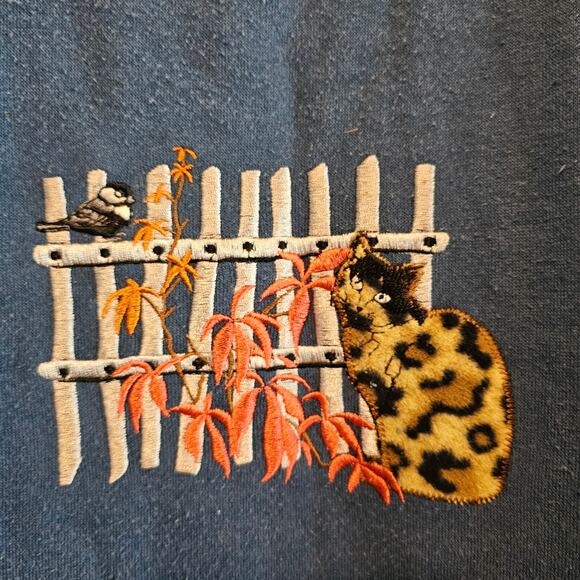 Vintage Cat Sweatshirt Women Large Petite Blue Cottage 90s Granny Retro Kitty - Picture 2 of 8